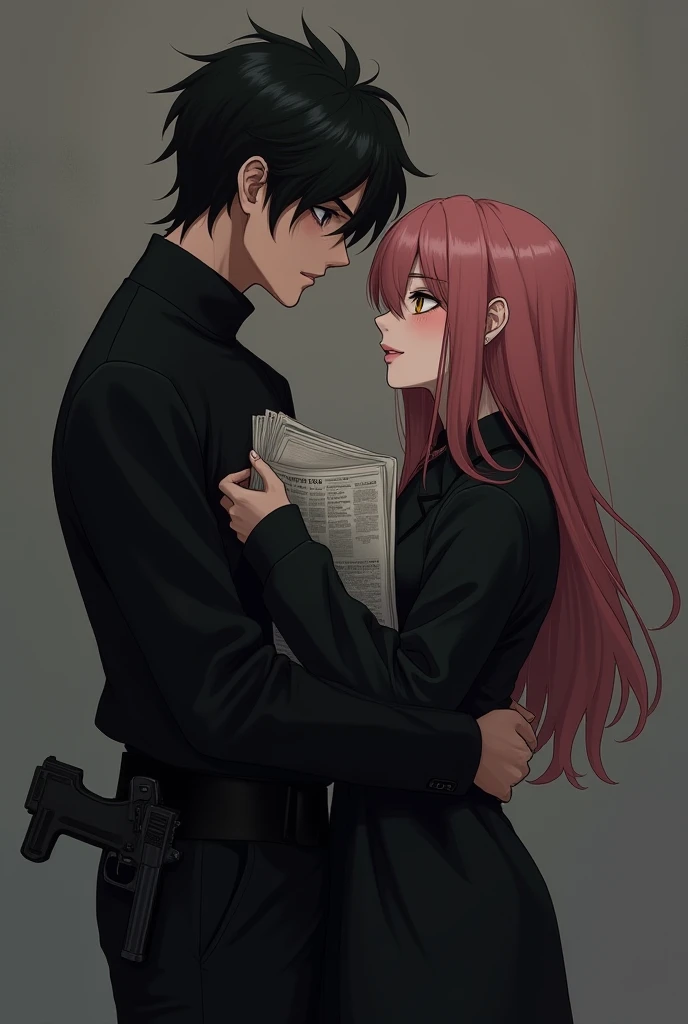 A man( black full sleeve clothing, black eye, black hair )holds a woman ( black jacket, golden eye, pink hair ) which holds newspaper. The man has a gun in his waistband. They are seeing each other with no smile. Anime style, dark theme, oil paint