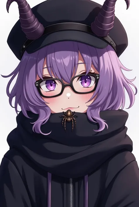  A 21 year old girl ,  has lilac eyes with horns of that same color , a black scarf clothes that are equally black .  A black cap and inside her a friendly and friendly spider.  The girl is wearing black glasses 