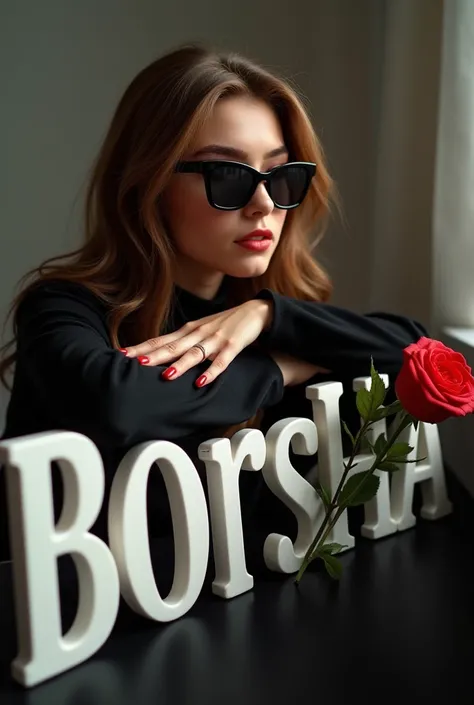 A stylish girl wearing in black and wearing sunglass is perspective position with 2 hand leaning on   BORSHA name all capital letter white colour BOLD font and holding rose in hand with long brown hair 3d image