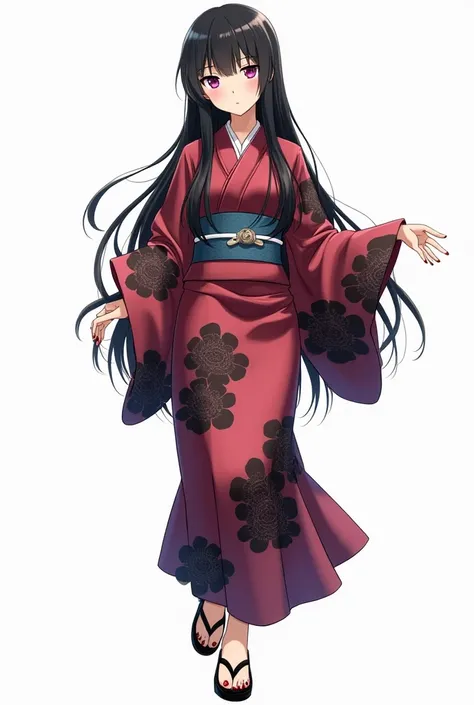 Japanese anime age woman with long black hair and intense magenta eyes and red nails and wears a shiny yukata in black flowers and with shiny black leather shoes and a white background and full body and her slightly squinted eyes and a slight smile 