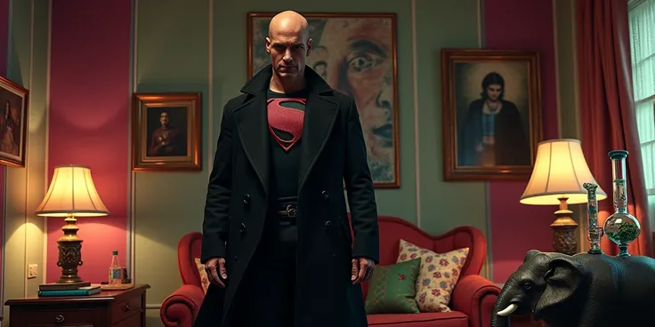 Bald Lex Luthor in a black coat with a superman logo in the middle of a fantastical room, Selina Kyle's portrait on the wall,  on the bong table in the shape of an elephant, there is a lamp on the table with the inscription Elephant, a poster with a pictur...