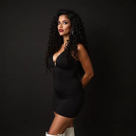 milf, dressed very sexy, with white stiletto overnee boots, short black stretch sheath dress,  very large breasts, very long black curly hair,high braid, latina, play football , stringy hair ,  multicolor hair, Side braid, Curly, cloud hair,  multicolor ey...