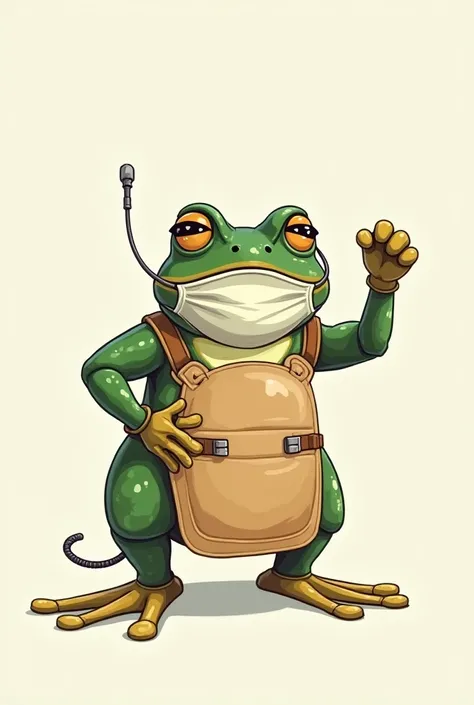 A toad that wears a mask .  due to Covid also has an apron because it is an electronic toad and that greets with its fist.