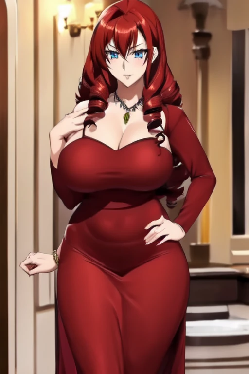 Rias Gremory, Blue eyes, long sleeve Red slit dress,((enchanted Big breast)),sultry and busty breast,Plump,Wedding fing,Golden bracelet,Jewel pendant,Chandeler earring,Red listic,Glossy lipstic,((thick Curl hair)),Red long nail,Mature,Half eyes open,Thick ...