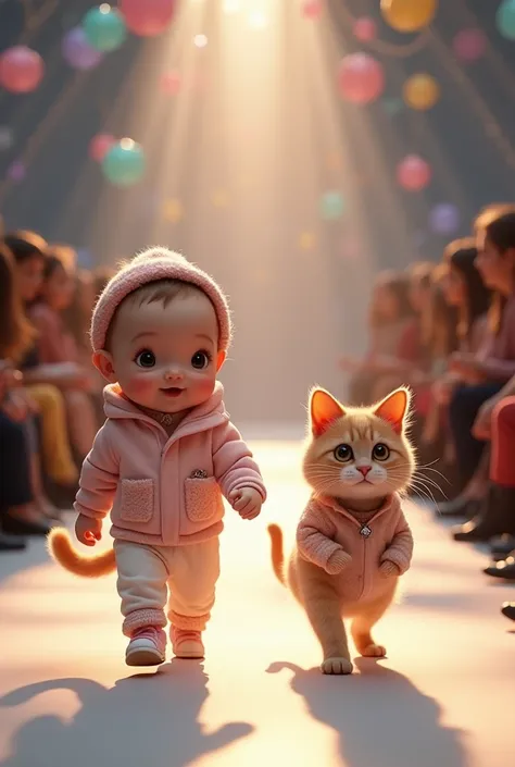 Imagine a cute baby and cat walking in fashion show 