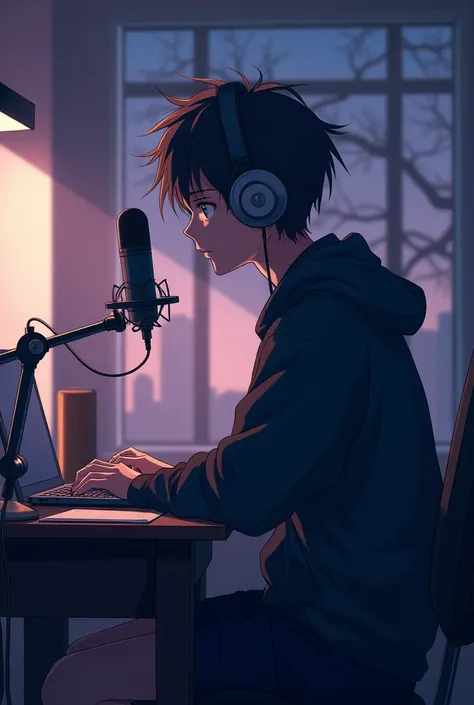 anime high school men sitting at a desk with headphones on and a microphone, lofi artstyle, nightcore, anime art wallpaper 8 k, high quality anime artstyle, anime wallpaper 4 k, anime wallpaper 4k, anime. soft lighting, ig studios anime style, anime wallap...