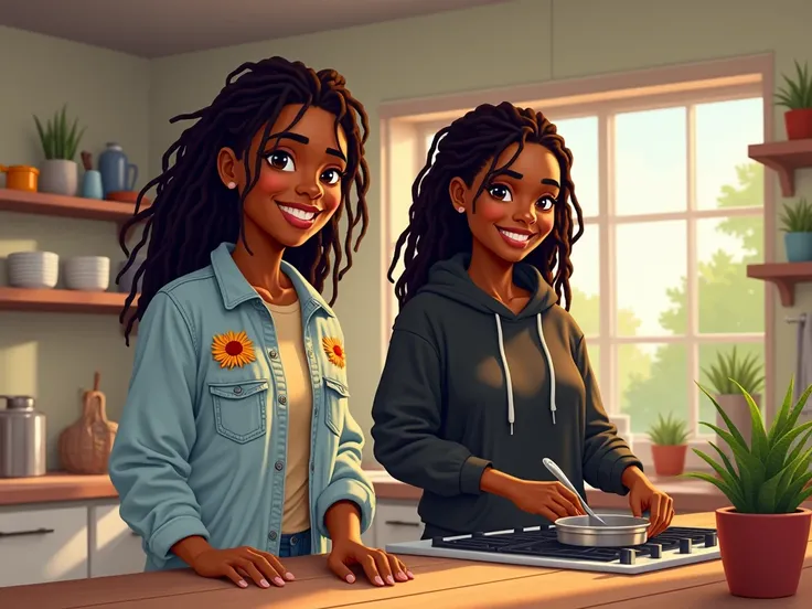 cartoon style of  Two black adult woman in a kitchen, with one smiling joyfully at the camera and the other cooking  with short dreadlocks, appearing relaxed. The kitchen's interior shows a very beautiful kitchen settings, cabinets, kitchen wares . The lig...