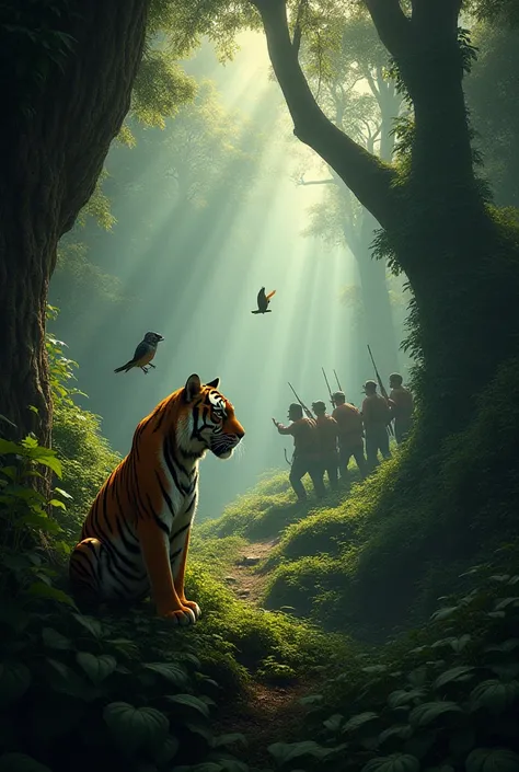 A dramatic forest scene where a small sparrow is perched on a branch, chirping loudly to warn a majestic tiger of danger. The tiger stands alert near its den, while a group of hunters armed with weapons approaches stealthily through the dense jungle in the...