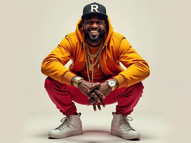 Hip hop style indian man funky dress, posing style like rapper, white shoe, look at camera,  Golden Richard mile watch, Gold jewelry, smiling face, cap with letter R
