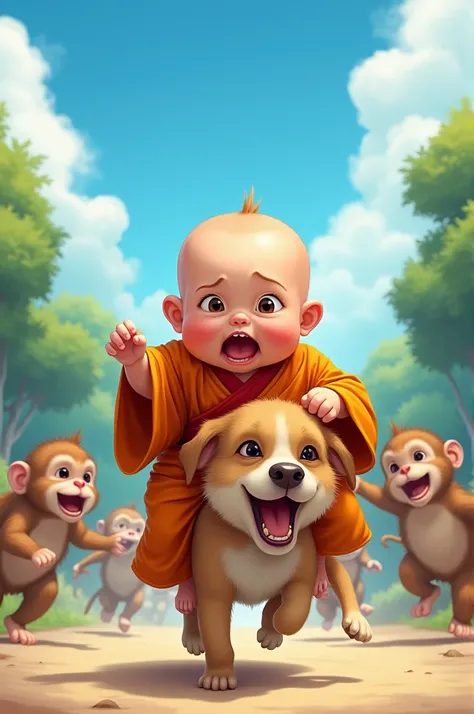 On a fairly blue sky afternoon,  cute chubby baby monk was crying loudly and trying to ride a dog because he was so scared of being chased by monkeys. Super reality clear and HD comic photo baby is wearing orange clothes