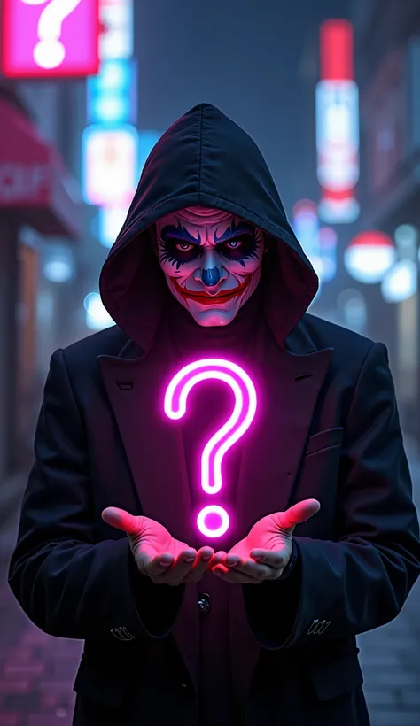 Man wearing full face mask joker,Holding A Question Mark with his both hands , Glowing Neon Effect 