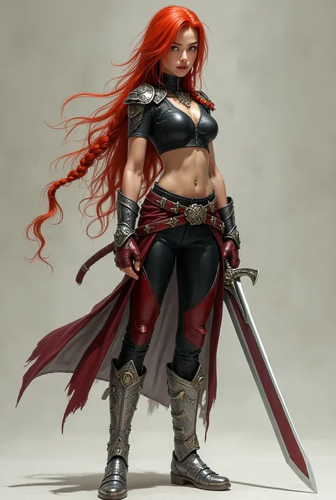 A human of 1 ,75,  athletic build ,  red hair and very long ,  that she wears loose but to fight she collects it in a braid . fire colored eyes,  pale but shiny skin .  Her strength is the close combat ,  is agile and resistant ,  she carries a large sword...