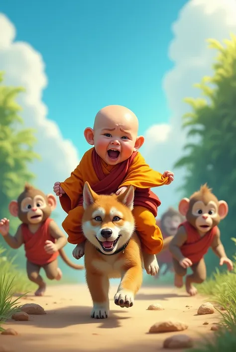 On a fairly blue sky afternoon,  cute chubby baby monk was crying loudly and trying to ride a dog because he was so scared of being chased by monkeys. Super reality clear and HD comic photo baby is wearing orange clothes