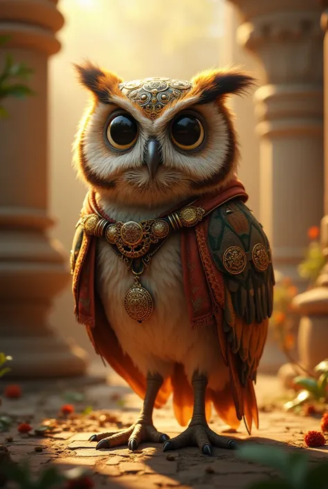 Make a cute 3D Merchant Owl of ancient Lidia Kingdom. He is also a time traveler. Super Hd quality. Cinematic