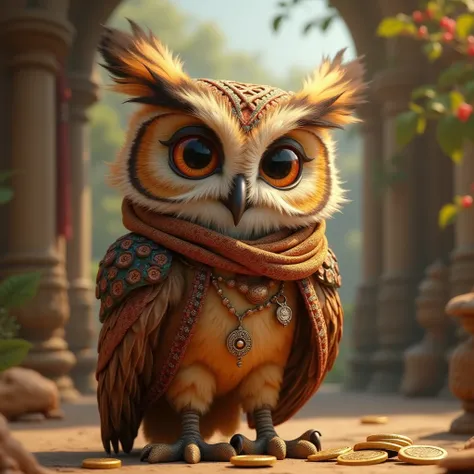 Make a cute 3D Merchant Owl of ancient Lidia Kingdom. He is also a time traveler. Super Hd quality. Cinematic