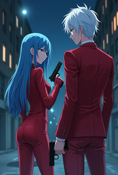 The anime image with beautiful lines, sharp and cool looks, is a picture of a woman with white gray eyes and long blue hair, wearing a red suit with pig blood, while holding a pistol, standing facing back, a white-haired man with blue eyes wearing a red su...