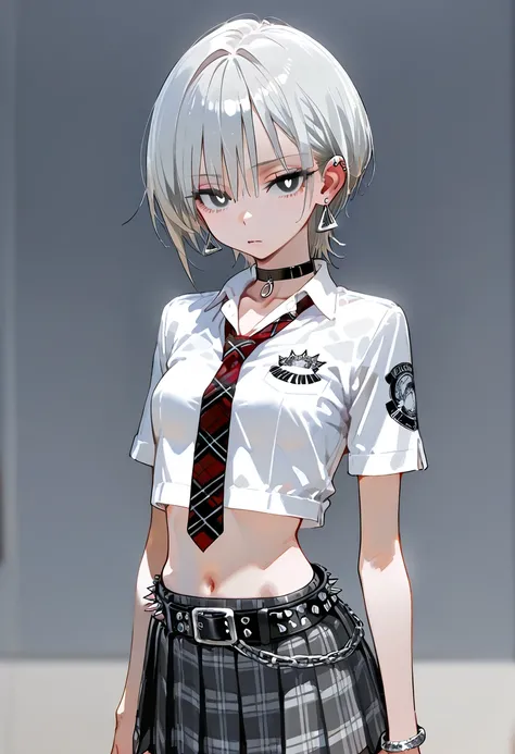  high resolution, best quality, white short sleeve cutter shirt, human girl with gray eyes and white pupils,Skinny girl , small tits, small breasts,Punk Fashion Belt , silver hair short hair , GREY WITH WHITE PLAID PLEATED SKIRT, high school uniform ,Ameri...