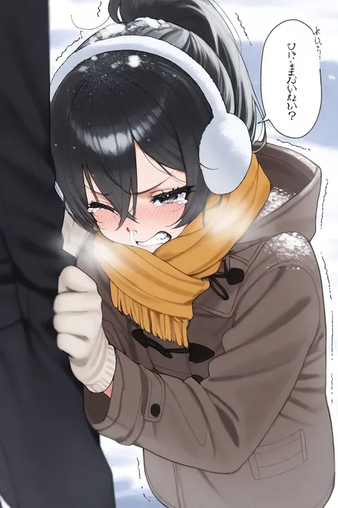  holding arms with a man、poncho、 hooded coat 、 muffler on my face that holds my ears、Frozen hair 、 clenching my teeth、 black hair、 ponytail、Earmuffs、Add surprising lines、I'm putting a scarf on my face that is stepping on 、 is astonished、 breathing out 、 is...