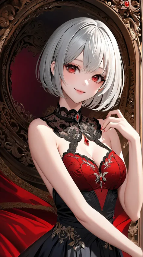 (( best quality)),( super high resolution),( very detailed),(  Detailed Help ),(( best CG )),(Masterpiece),High Definition Art,( fine detail art:1.5), woman,pale silver-haired , bob cut,Slender and well-balanced body ,Beautiful and neat face , Crimson Eyes...