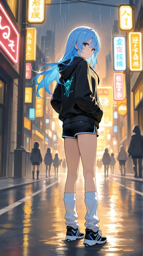 “Create an illustration of a young woman in a rainy urban setting. She has long, flowing blue hair that sways dramatically in the wind. She is wearing a black oversized hoodie with a large hood and a pair of black shorts. Her outfit includes loose socks an...