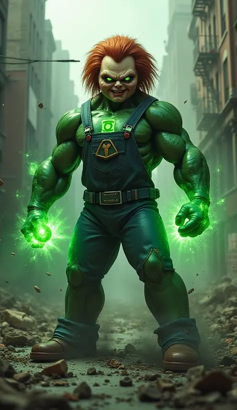 Green lantern and chucky hybrid fusion in newyork city street destroyed buildings, close up 