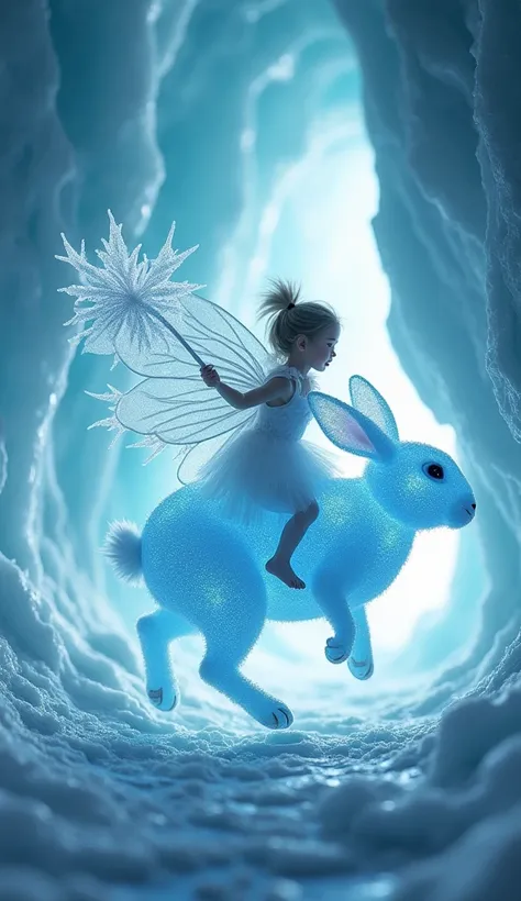 "Macro photograph of a radiant frost fairy riding a glowing, translucent glacier-rabbit with frost-like patterns shimmering on its fur. The rabbit hops through a glittering ice cave illuminated by pale blue light. The fairy holds a wand shaped like a snowf...