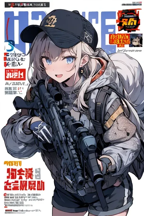 (best quality ), a girl have one rifle with her hand , Platinum color hair , The dreamer wants purplish blue eyes , medium , Lori will do it, (masterpiece:1.2, best quality ), (Beautiful detailed depiction : 1.2), ( beautiful detailed face ), ( small Breas...