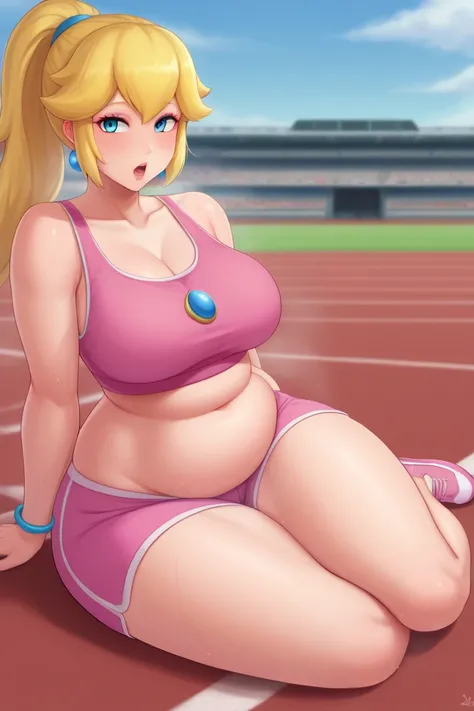 score_9, score_8_up, score_7_up, BREAK, 1girl, solo, princess peach, 1girl, solo, , blonde hair, ponytail, jewelry, bracelet, makeup, casual, cowboy shot, blue eyes, looking at the viewer, large breasts, pink tanktop, sweaty, pink shorts sweating profusely...