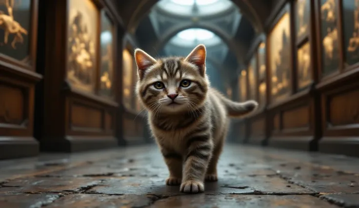  the cutest brown tiger pattern kitten in the world walking through a museum at night、((Realistic:1.3))、Moving Exhibits 、 Mysterious Sight 、 Moving Dinosaur Specimens 、A model of an old flying airplane 、Joyful March 、indoor