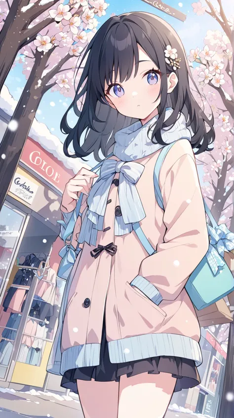 winter、snow、Clear skies、street tree、flower、 sign、 shopping、Fashionable clothing store、 1 girl in the best,  black hair、 anime style、 Dutch angle, ribbon,  accessories, pastel style 