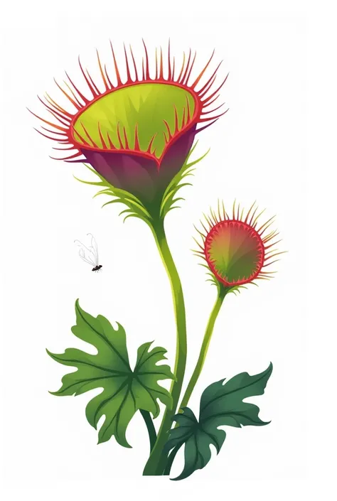 "A carnivorous Venus flytrap plant, vector illustration style, with vibrant colors like lime green, deep red and purple, minimalist details and clean lines. The plant is in the foreground, showing its leaves with serrated edges and sensitive hairs, with a ...