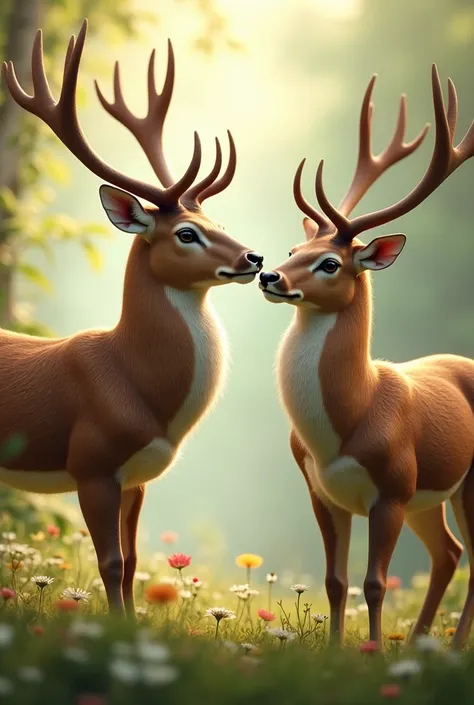 Give me a single picture of a deer and a deer standing face to face