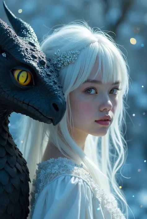 otherworldly fantasy scene, young  girl with white hair,, elegant white dress, crystal hair accessory, black dragon and snow owl with piercing yellow eyes, magical glowing particles, soft blue atmospheric lighting, side profile portrait, mystical creatures...