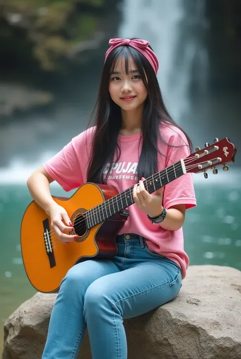 A beautiful gemoy woman from Korea bright and clean face  , long straight hair unraveled in maroon color wearing a pretty ribbon bando, wears a pink short-sleeved oversize t-shirt ,  wearing long-sleeved jeans ,shoes and watches , there is an inscription o...