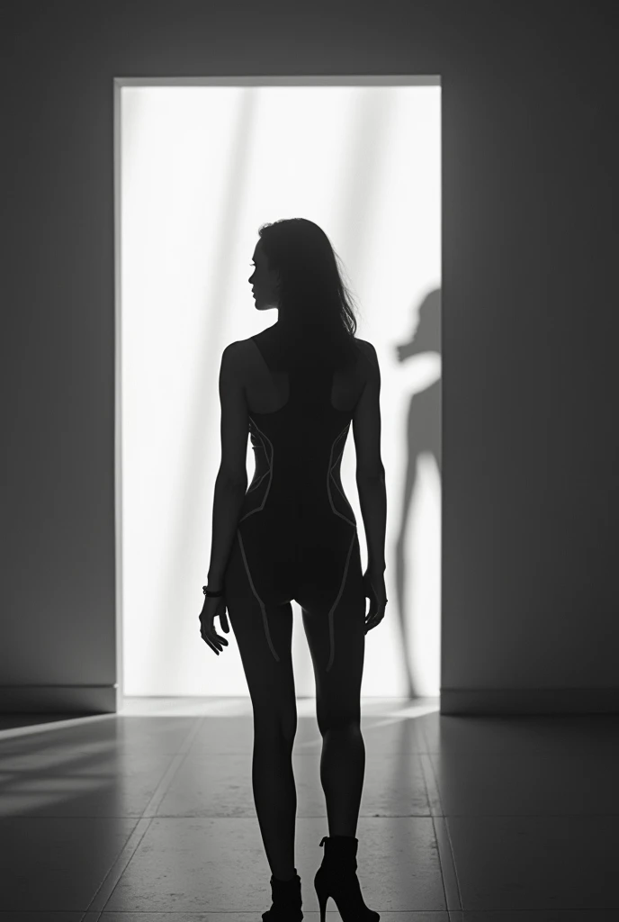 A minimalist black-and-white science fiction portrait. In the foreground, the silhouette of a woman wearing a futuristic suit is shown from the back, standing and gazing toward the background. The scene is dramatic and stark, with sharp contrasts. In the b...