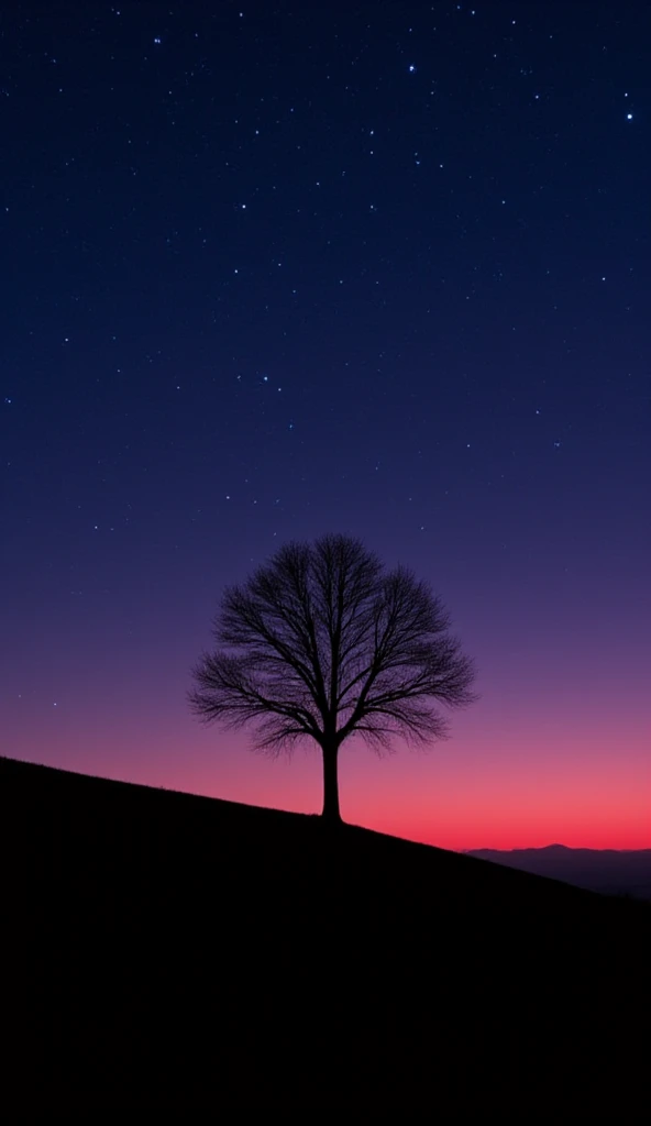 This image is a landscape photograph featuring a silhouetted tree against a night sky filled with stars and a reddish-hued horizon. Let's analyze its visual elements:

Subject Matter: The main subject is the stark silhouette of a leafless tree positioned o...