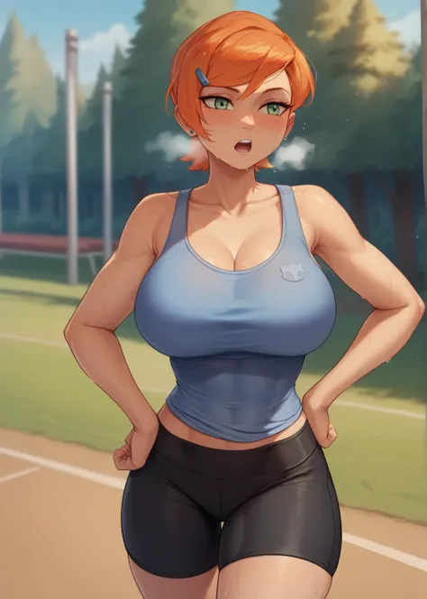 Score_9,Score_8_,Score_7_, gwendolyn_Tennyson,1 girl, outside,depth of field, , blushing, beautiful, large thighs, big breasts, hand on hip, open mouth, exercising, out of breath, sweaty,  blue tanktop, black yoga shorts 