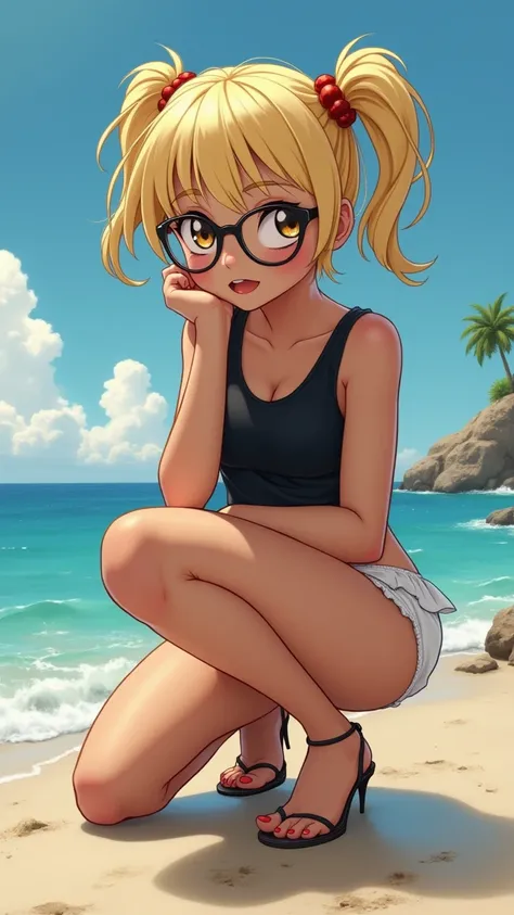 Thirteen-year-old ager, short blond hair and two pigtails ,huge glasses graduated , a short and tight black tank top,white thong , shoes with very high heels , she's crouched on the floor,It's inside the seashore, Sunny day