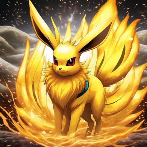 Eevee in kurama mode from naruro, Imagine Eevee in kurama mode with detailed fur texture, blending elements of a small, agile mammal like a fox or a rabbit with big yellow aura of kurama and nine tails. Its large, expressive red eyes, reflecting intensity ...