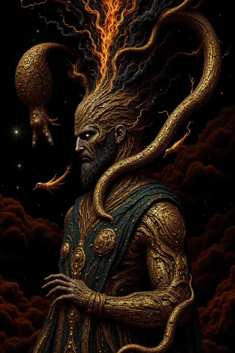 A divine titan with a docile snake wrapped around his neck and shoulders, tenant un serpent dans sa main gauche et un caducée dans sa main droite, On a cosmic background,  High resolution, Work of art, Accurate,  Best Quality, Fine details,  Very detailed,...