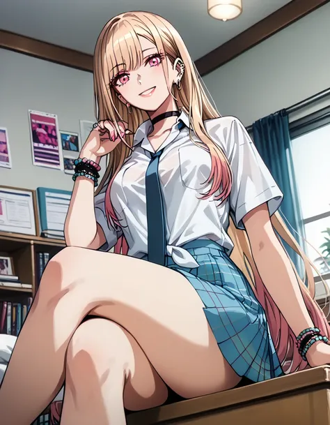 score_9, score_8_above, score_7_above,  review _ questionable, source_anime, 1 ,  alone,  curvy body, very sexy ( Marin Kitagawa background, Kitagawamarin,  pink eyes with a black outline ,   light blond hair ,  multicolored hair , straight hair, straight ...