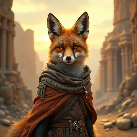 Make a wise 3D traveler Fox of ancient times. He came from future. He is also a time traveler. Super Hd quality. Cinematic. Realistic.