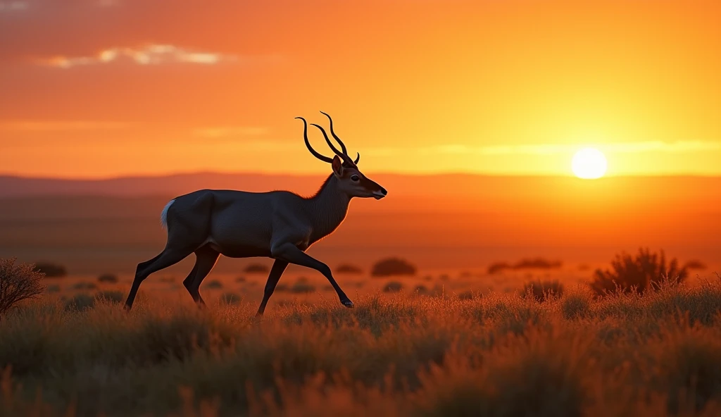 "A Nilgai walking across the wide open prairie of Texas, surrounded by wild grasses, small bushes, and a vibrant sunset painting the horizon."