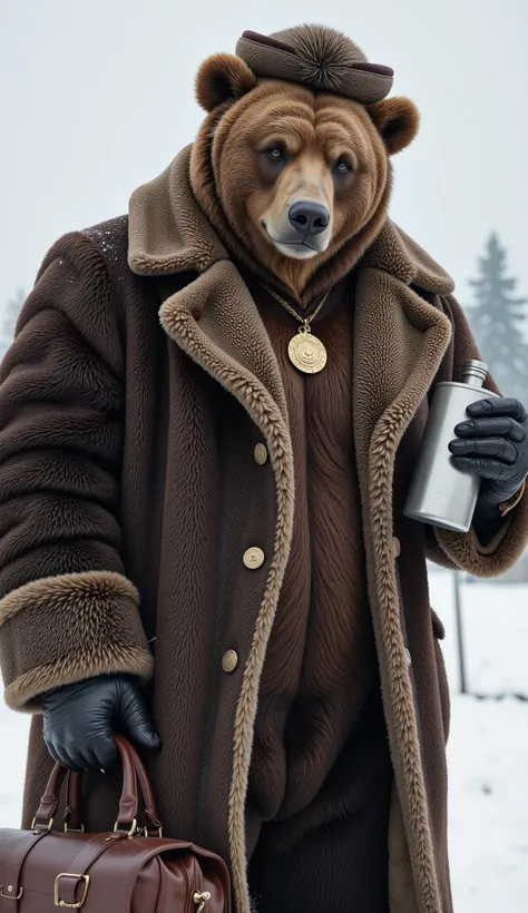 A massive brown bear in a fur-lined overcoat with a Soviet-era medal pinned on his chest. He holds a silver flask while his human sidekick carries a leather briefcase.

Details: Snowy backdrop, vodka bottle, intricate fur hat.