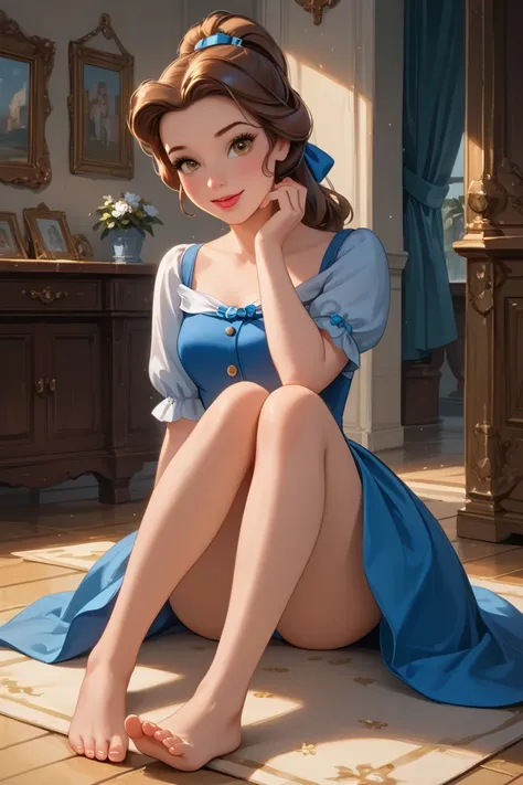 PonyXLV6_Scores ,source_anime, masterpiece,best quality, highly detailed, full frontal body view, BREAK Belle, 1girl, porcelain doll, solo, brown hair, hazel eyes, naughty face, small beautiful feet, blue bow, ponytail, Disney 3D render, (Belle sitting and...