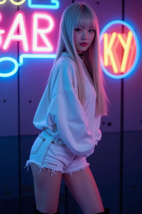  angle from butt,whole body,21-year-old petite Japanese woman turning her butt,japanese, Gal Vibes ,Korean style beauty,Transparency, pure white skin,Gray Eyes, is cute ,portrait, model, long straight hair, short bangs,Glossy White Hair , big breasts,Gloss...