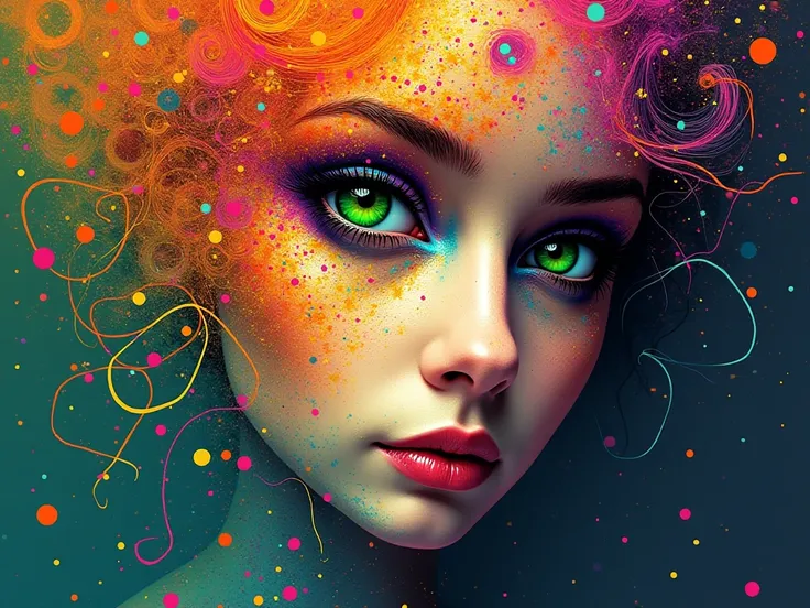 The image is a digital art piece that appears to be a portrait of a woman's face. The face is made up of a variety of colors and patterns, including orange, yellow, green, blue, pink, and purple. The eye is the focal point of the image, with the green iris...