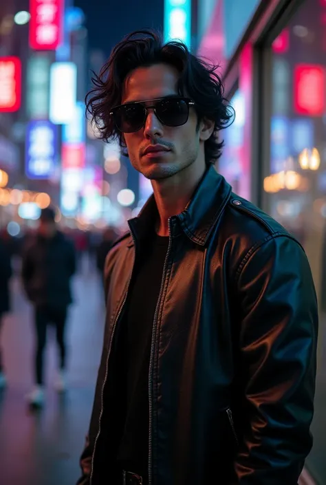 A high-fashion portrait of a young, confident man with wavy black hair, wearing a sleek black leather jacket and sunglasses. He stands against a vibrant city street backdrop, with neon lights reflecting off glass buildings. Soft lighting highlights his fac...