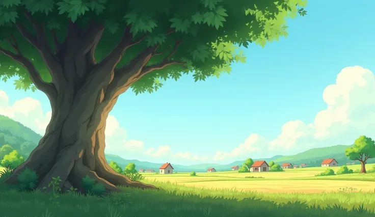 Full HD "An animated-style rural scene depicting the edge of a village with a large tree in the foreground. The tree has a wide canopy, casting a cool shade on the ground below, and the area under the tree is left empty to allow for character placement. Th...