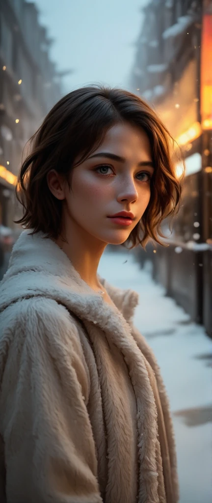 1 girl, European, dark hair winter (upper body close-up), a girl is walking along a long alley with trees. The girl's body is shot from the side, her head is turned towards the viewer. winter atmosphere, (snow falls in flakes), snowdrifts, fog. Cold. Frost...